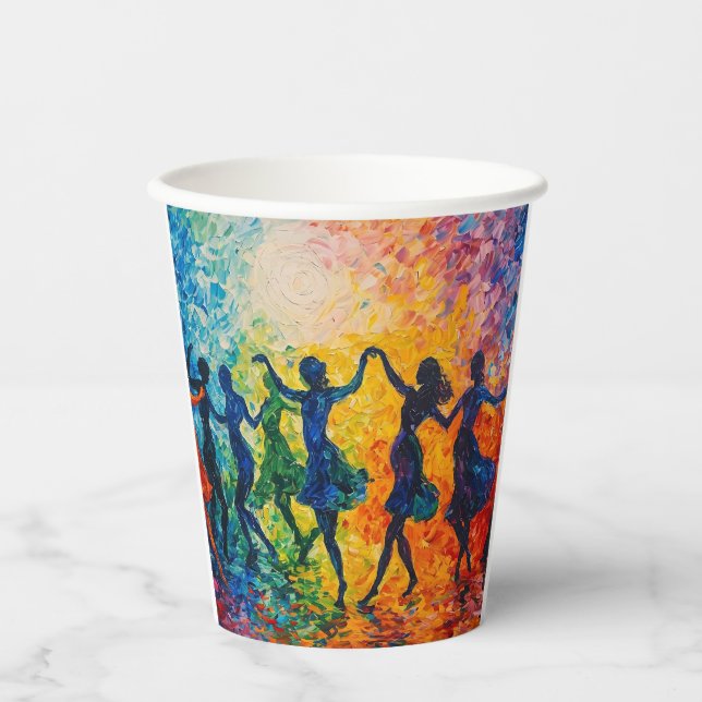 Farbenfrohe Silhouetten tanzen Pappbecher (Vorderseite)