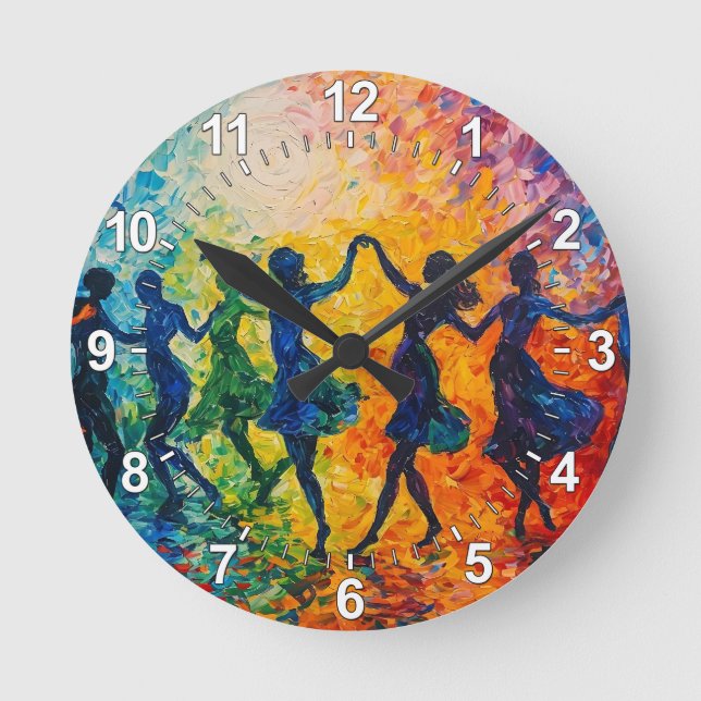 Farbenfrohe Silhouetten tanzen Runde Wanduhr (Vorderseite)