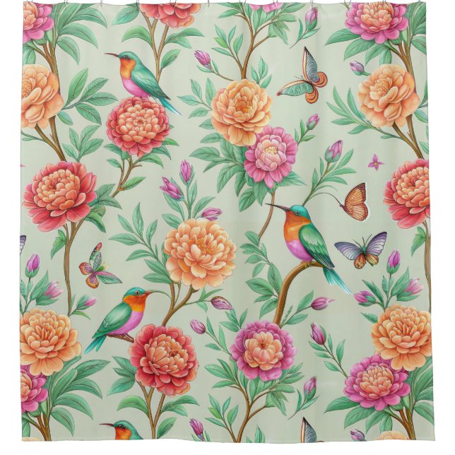 Farbenfrohe Singvögel Orangefarbene Blumen Grüne B Duschvorhang (Vorderseite)