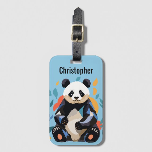 Farbenfrohe Sitzen Panda Bär Personalisierter Name Gepäckanhänger (Vorderseite Vertikal)