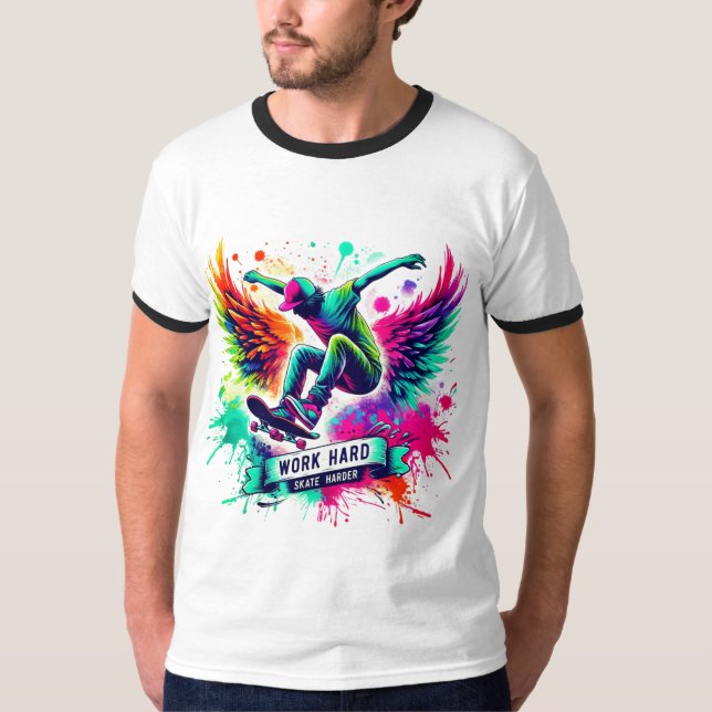 Farbenfrohe Skateboarder Grafik T-Shirt (Vorderseite)