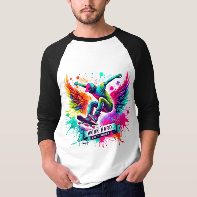 Farbenfrohe Skateboarder Grafik T-Shirt (Vorderseite)