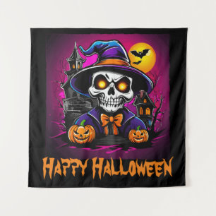 Farbenfrohe Skeletton Halloween Cartoon Pumpkin Wandteppich
