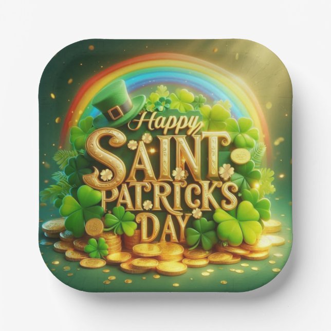 Farbenfrohe, skurrile Rainbow St. Patrick's Day Pappteller (Vorderseite)