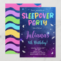 Farbenfrohe Sleepover Party Geburtstagseinladung