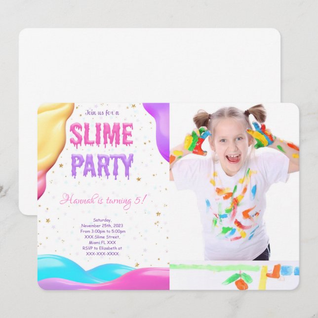 Farbenfrohe Slime Birthday Party Foto Einladung (Vorne/Hinten)