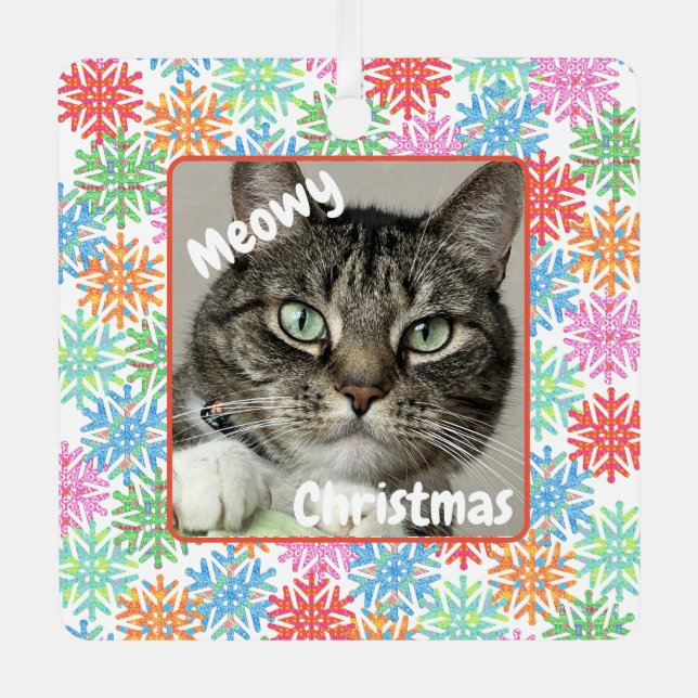 Farbenfrohe Snowflake Cat Picture Ornament Aus Metall (Vorderseite)