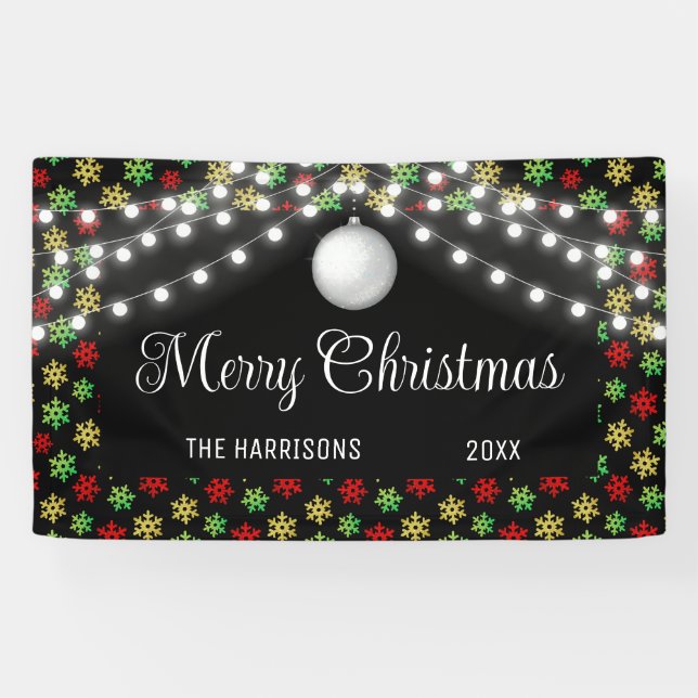 Farbenfrohe Snowflake String Lights Schwarzes Weih Banner (Horizontal)