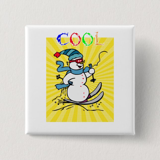 Farbenfrohe Snowman Skiing | niedlicher Schneemann Button (Vorderseite)