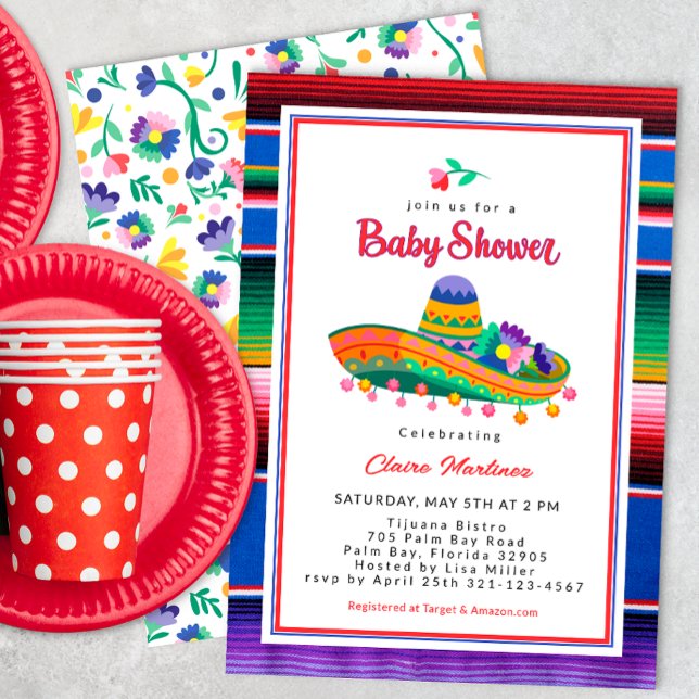 Farbenfrohe Sombrero Fiesta Kinderdusche Einladung (Mexican Floral Fiesta Baby Shower Invite)