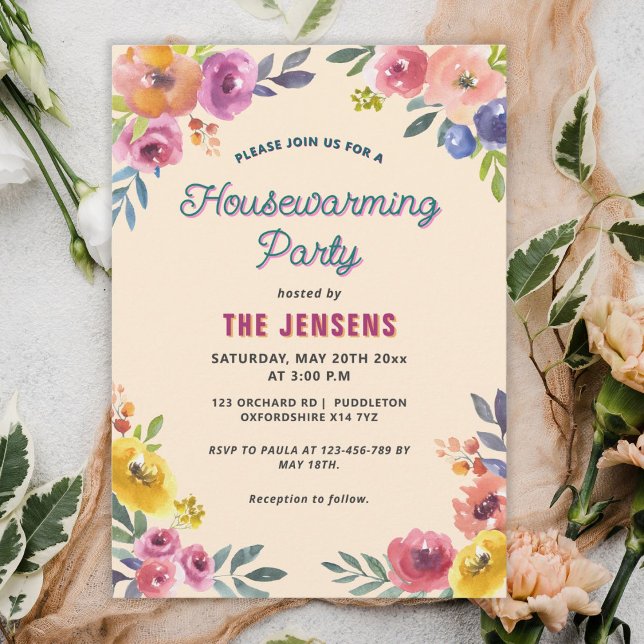 Farbenfrohe Sommer Blumenhaus Einladung (personalized vintage floral spring summer housewarming invitation)