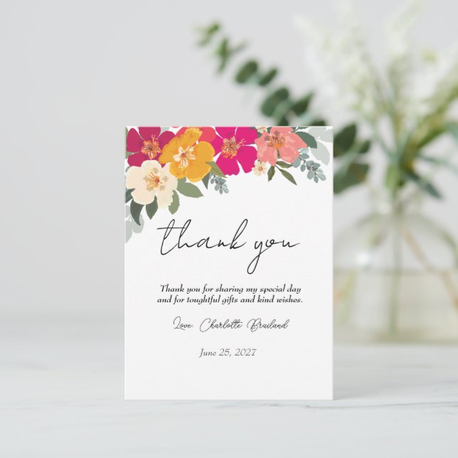 Farbenfrohe Sommer Floral Brautparty Vielen Dank Postkarte (Stehend Vorderseite)
