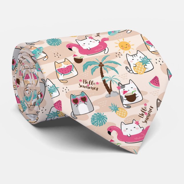 Farbenfrohe Sommerferien Cat Neck Tie Krawatte (Gerollt)