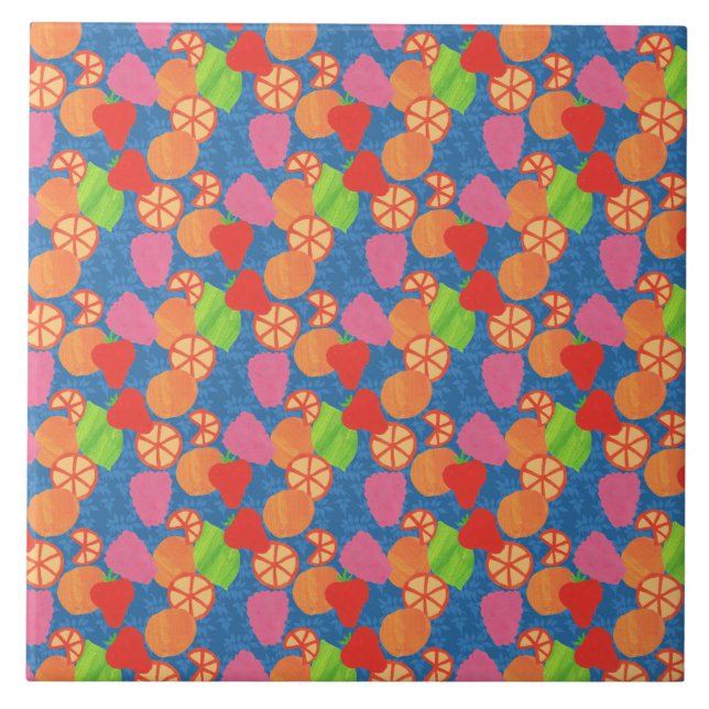 Farbenfrohe Sommerfrucht Muster auf Deep Blue Fliese (Vorderseite)