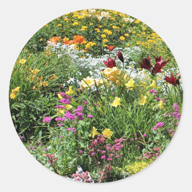 Farbenfrohe Sommergärten! Runder Aufkleber (Vorderseite)