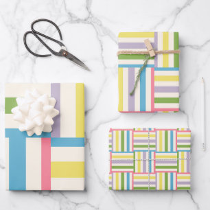 Farbenfrohe, sommergestreifte Blockmuster Geschenkpapier Set