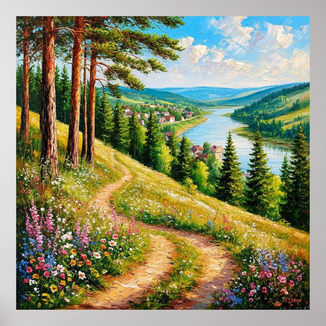 Farbenfrohe Sommerlandschaft mit Wildblumen Poster (Vorne)