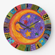 Farbenfrohe Sonne, Mond und Sterne Uhr