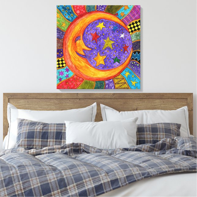 Farbenfrohe Sonne, Mond und Sterne ummantelte Canv Leinwanddruck (Insitu (Schlafzimmer))