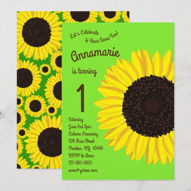 Farbenfrohe Sonnenblumen 1. Geburtstag Einladungen (Vorne/Hinten)