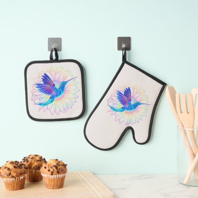Farbenfrohe Sonnenblumen und Hummingbird Ofenhandschuh & Topflappen-Set (Insitu (Hängend))