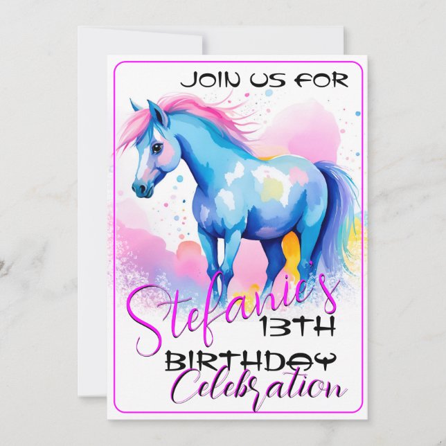 Farbenfrohe Spirituose Pony 3 Geburtstag Einladung (Vorderseite)