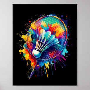 Farbenfrohe Splash Art Badminton Player Shuttle Ba Poster