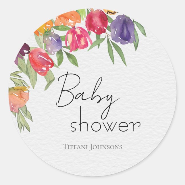 Farbenfrohe Springtime Tulips-Thema Babydusche Runder Aufkleber (Vorderseite)