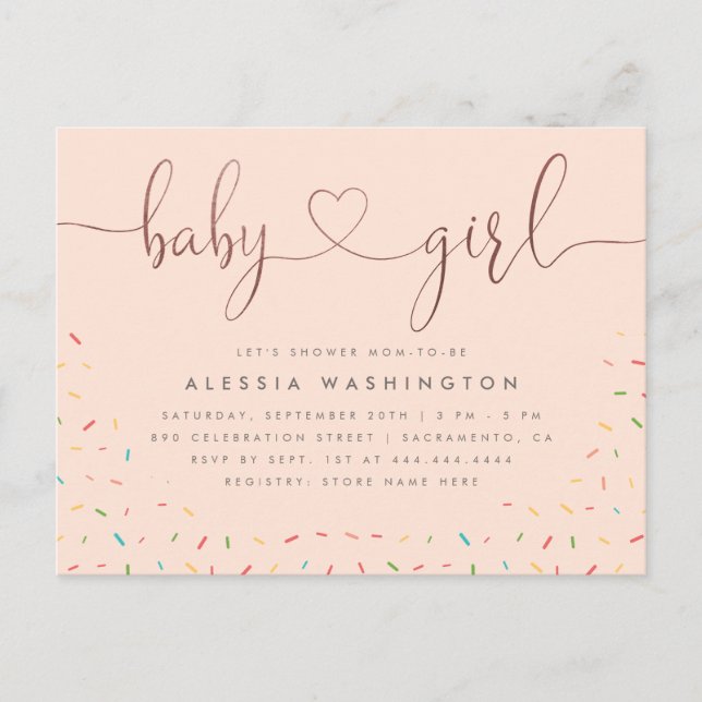 Farbenfrohe Sprinkle Rose Gold Girl Babydusche Einladungspostkarte (Vorderseite)