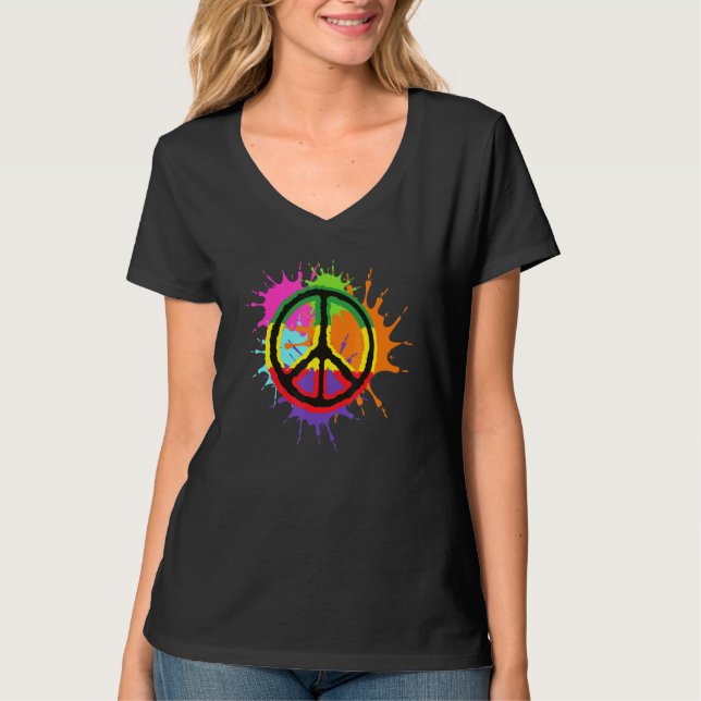 Farbenfrohe Spritzer Paint Peace Signature Liebe T-Shirt (Vorderseite)