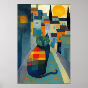 Farbenfrohe Stadt mit charakteristischer Katze Poster