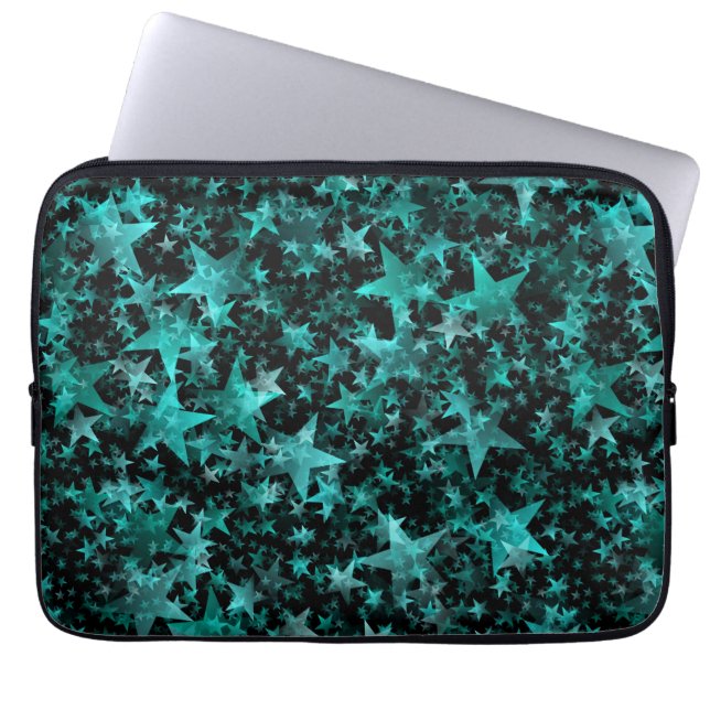 Farbenfrohe Stars Aqua Aquamarin Schwarzes Untergr Laptopschutzhülle (Vorderseite)
