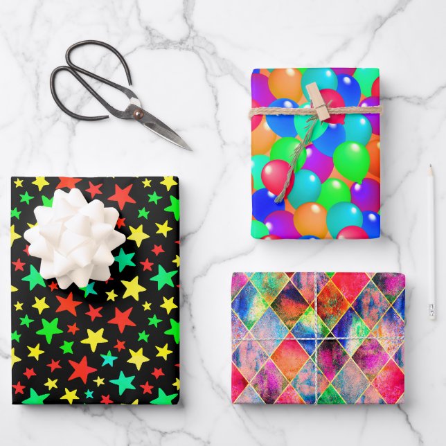 Farbenfrohe Sterne Balloons Raute Glücklicher Spaß Geschenkpapier Set (Vorderseite)
