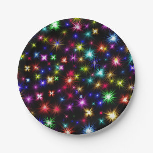 Farbenfrohe Sterne Feuerwerk Design Pappteller