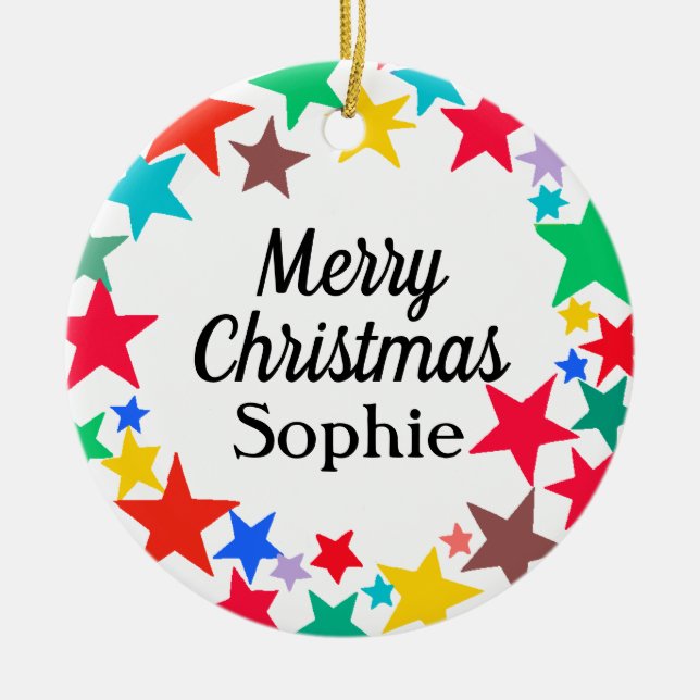 Farbenfrohe Sterne Frohe Weihnachten Personalisier Keramik Ornament (Vorne)