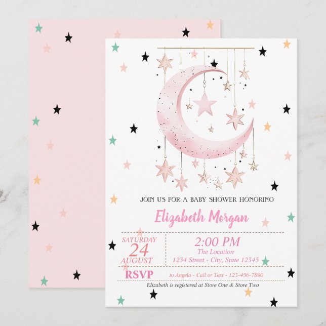 Farbenfrohe Sterne Pink Moon Babydusche Einladung (Vorne/Hinten)