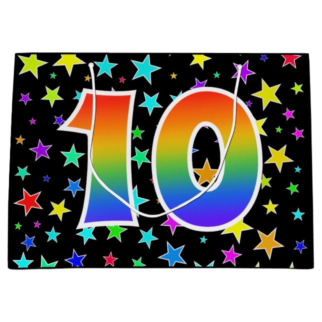 Farbenfrohe Sterne + Regenbogenmuster "10" Event # Große Geschenktüte (Vorderseite)