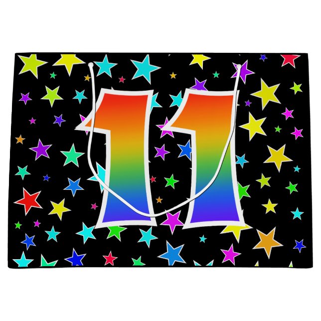 Farbenfrohe Sterne + Regenbogenmuster "11" Ereigni Große Geschenktüte (Vorderseite)