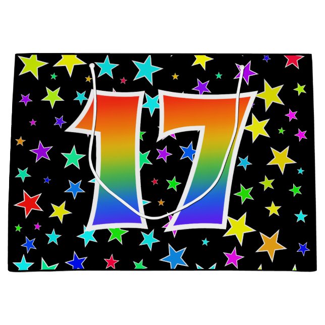 Farbenfrohe Sterne + Regenbogenmuster "17" Event # Große Geschenktüte (Vorderseite)