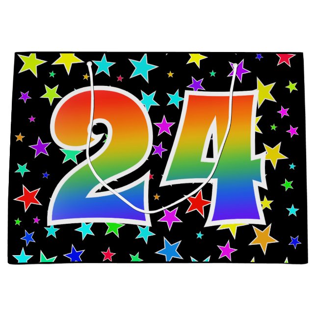 Farbenfrohe Sterne + Regenbogenmuster "24" Event # Große Geschenktüte (Vorderseite)