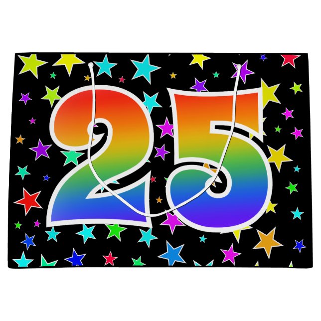 Farbenfrohe Sterne + Regenbogenmuster "25" Event # Große Geschenktüte (Vorderseite)