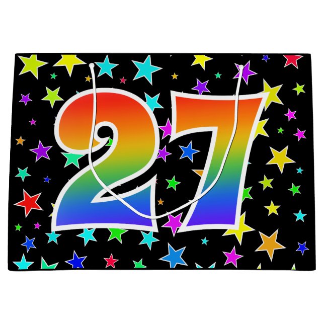 Farbenfrohe Sterne + Regenbogenmuster "27" Event # Große Geschenktüte (Vorderseite)