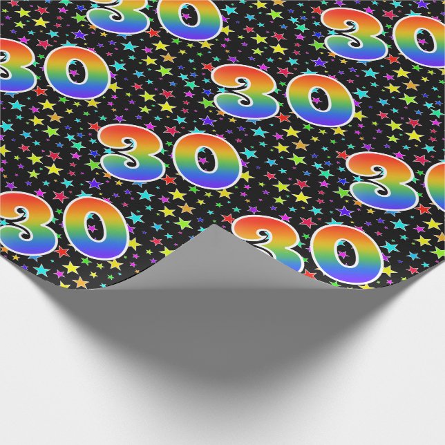 Farbenfrohe Sterne + Regenbogenmuster "30" Event # Geschenkpapier (Ecke)