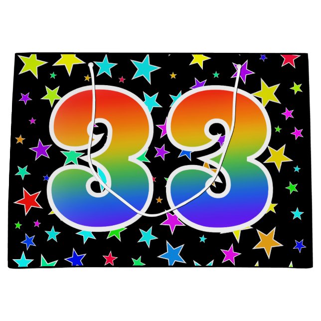 Farbenfrohe Sterne + Regenbogenmuster "33" Event # Große Geschenktüte (Vorderseite)