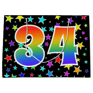 Farbenfrohe Sterne + Regenbogenmuster "34" Event # Große Geschenktüte