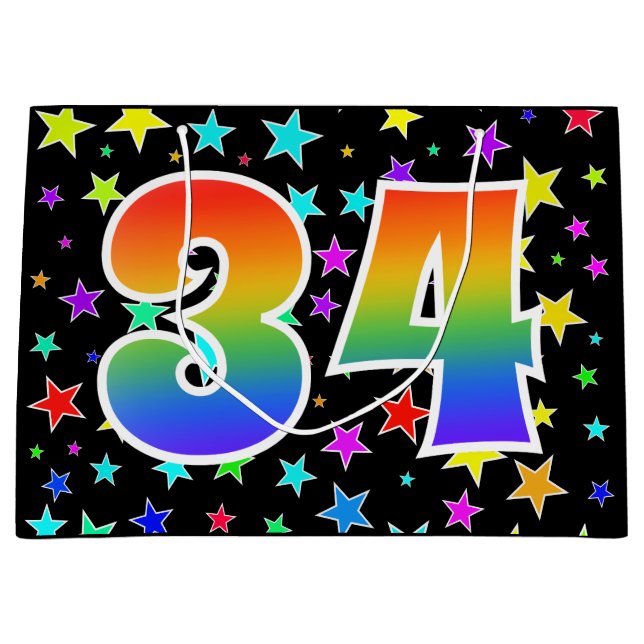 Farbenfrohe Sterne + Regenbogenmuster "34" Event # Große Geschenktüte (Vorderseite)