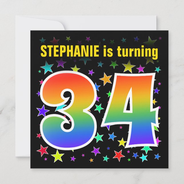 Farbenfrohe Sterne + Regenbogenmuster "34" Geburts Einladung (Vorderseite)