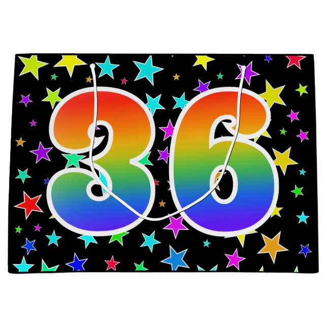 Farbenfrohe Sterne + Regenbogenmuster "36" Event # Große Geschenktüte (Vorderseite)