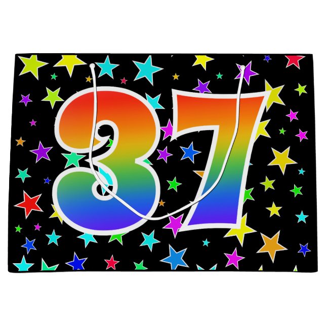 Farbenfrohe Sterne + Regenbogenmuster "37" Event # Große Geschenktüte (Vorderseite)