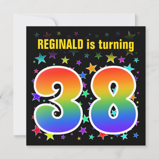 Farbenfrohe Sterne + Regenbogenmuster "38" Geburts Einladung (Vorderseite)